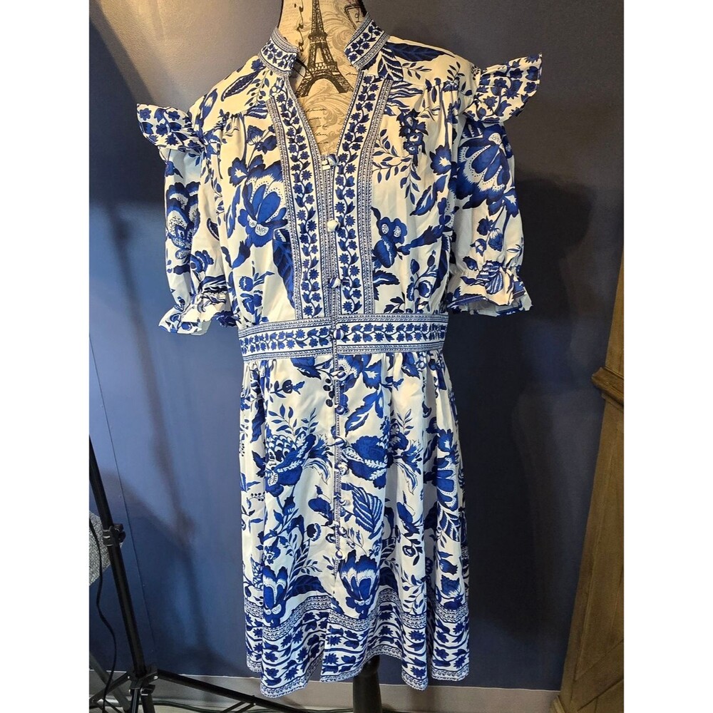 Lai Meng Five Cats Toile Midi Dress Womens L Blue White Floral Puff Sleeve NWT